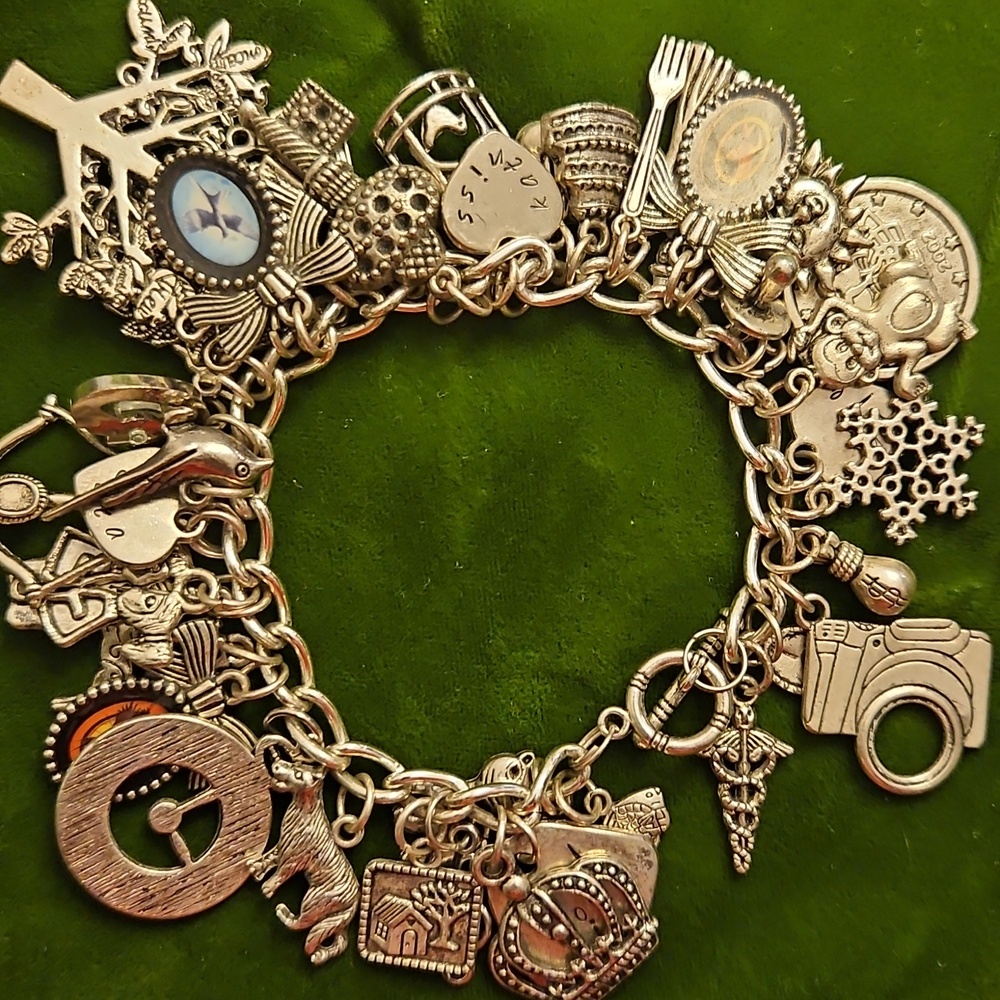 Silver-Tone Multi-Charm Bracelet LOADED 7.5" Hunger Games Themed Plus More!